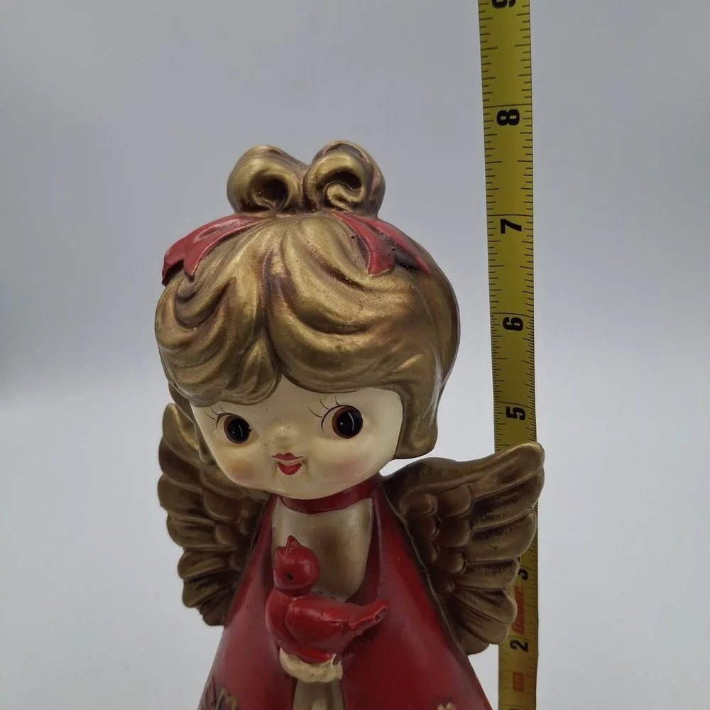 Vtg Christmas Angel Figurine Japan Mid Century‎ Red Gold Big Eye Girl Cardinal